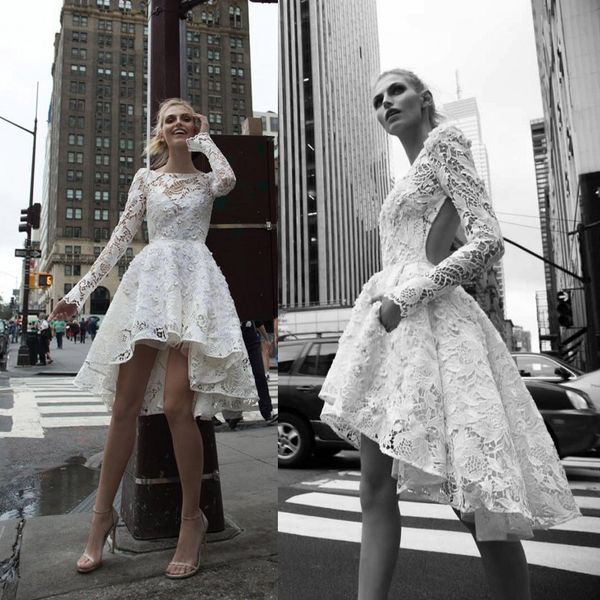 Haut bas Inbal Dror robes de mariée Illusion Bateau à manches longues dos nu dentelle robes de mariée a-ligne appliqué robe de mariée