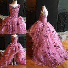 Hoge, roze bloem meisje jurken voor bruiloften 3D Floal Applicaties kleine meisjes Pageant jurk tule eerste communie rok