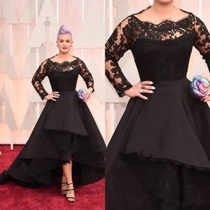 Hoge Lage Plus Size Formele Jurken Sheer Lace Bateau Lange Mouwen Oscar Kelly Osbourne Avondjurken Black Ball Moeder Van De Bruid 3060