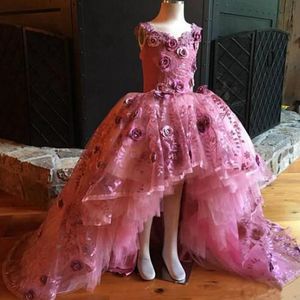Hoge lage prinses meisjes pageant jurk met handgemaakte bloemen baljurk bloem meisjes jurken voor bruiloften op maat gemaakte kinderen feestjurken