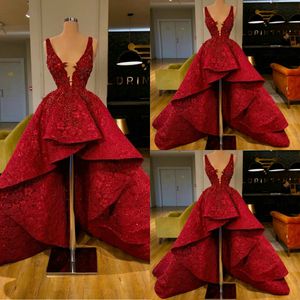 High Low Red Prom V Neck Lace Appliqued Beaded Evening Jurken A Line Formal Party Pageant Jurkens