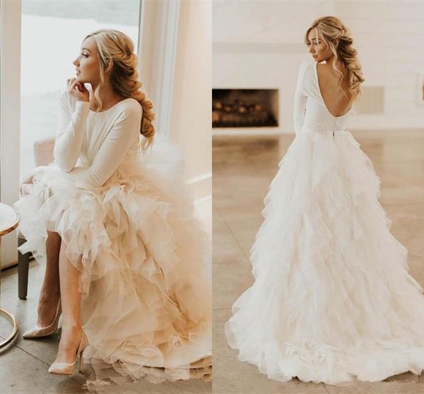 Robe de mariée d'hiver à volants hauts et bas, avec manches longues, sexy, dos ouvert, robe de réception de mariage dans le jardin, robes de soirée de mariée