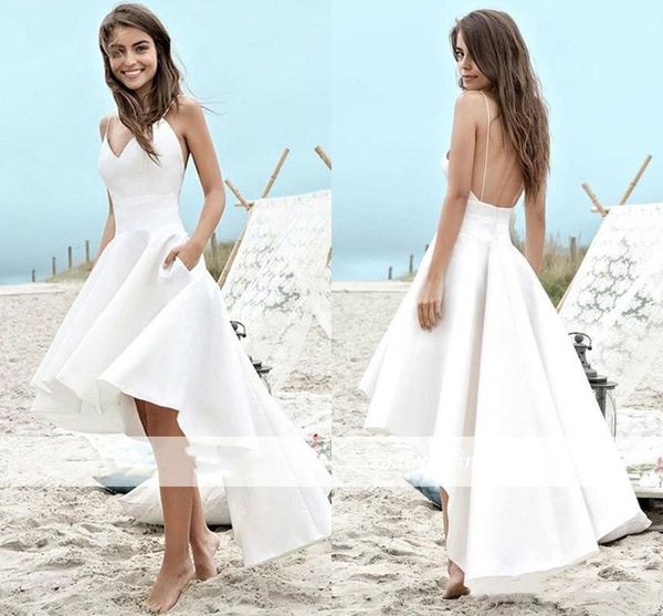 Alto vestido de novia corto 2021 Una línea de verano Boho Boho Boho Boho Boho Satin Backless Spaghetti Straps Vestidos de fiesta