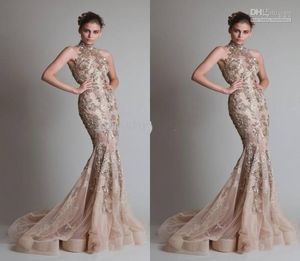 Hoge nek en luxueuze zilveren appliques sexy zie door organza -knop terug mermaid trompet elie saab avond formeel prom dressle6021171