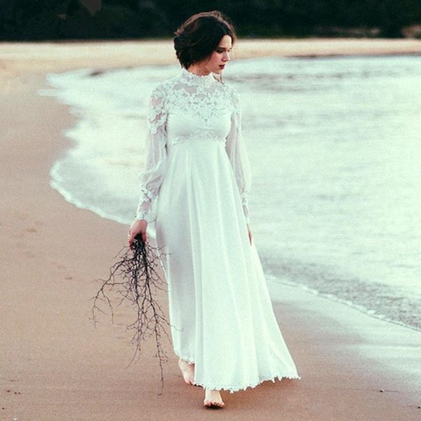 Robes de mariée de plage à col haut avec manches longues en dentelle en mousseline de soie taille empire pays bohème robe de mariée enceinte CG01177C