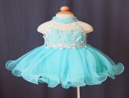 Cuentas de cuello alto organza azul cielo claro apliques sin espalda cupcake vestidos de desfile para niñas pequeñas fiesta de graduación con brillo para niños pequeños Bola infantil 3923020