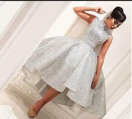 Hoge hals Bling Muslim Avondjurken 2019 Hoge Lage Baljurk Thee Lengte Seuqins Islamic Dubai Saudi Arabische Formele Avondjurk Prom Dress