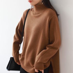 High-hals casual losse trui oversized split jumper pullover pure kleur dikke gebreide basis vrouwen hedging 210520