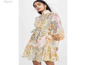 High Neck Flower Print Multi-Colour Chiffon Women Dresses Lantern Sleeve Stand Single-Breasted Jurk vrouwelijke Sashes Pleated6390196