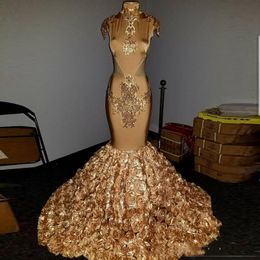 Hoge hals gouden applique pailletten kant zeemeermin speciale prom jurken handgemaakte 3d bloemen formele avondjurken feestjurken