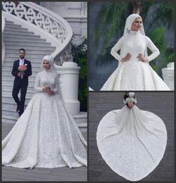 Col haut à manches longues arabe Hijab robes de mariée musulmanes 2019 Appliques romantiques dentelle blanc robes de mariée tribunal train abiti da spo6772457