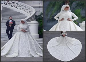 Cuello alto Manga larga Hijab árabe Vestidos de novia musulmanes 2019 Apliques románticos Vestidos de novia blancos de encaje Tren de la corte abiti da spo4647614