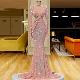 Hoge hals lange mouwen roze zeemeermin prom jurken 2021 kralen avondjurken feestjurk voor vrouwen robe de soiree