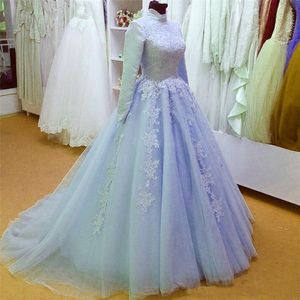 Hoge Hals Lange Mouwen Moslim Arabische Trouwjurken Vintage Aangepaste Made Design Bruidsjurken Vestido de Noiva de Renda