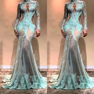 Hoge Hals Luxe Full Lace Parels Zeemeermin Avondjurken Dubai Zien Door Illusie Hoge Split Formele Prom Cutaway Side Celebrity3132