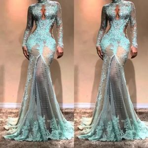 Col haut luxe pleine dentelle perles sirène robes de soirée Dubaï voir à travers l'illusion haute fendue formelle bal coupe côté robes de célébrité sur mesure BC0003