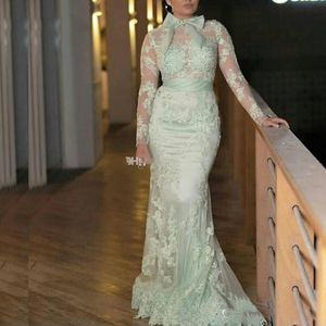 Hoge nekmeermin Vermeld Dubai Formele Prom-jurken met Lange Mouw Kant Applicaties Vlinderdas Lovertjes Avond Dreses