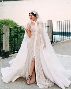 Robe de mariée sirène à col haut avec surjupe élégant bouton couvert à manches longues en dentelle appliques robe de mariée charme glamour robes de mariée