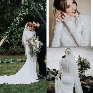 Col haut robes de mariée sirène pays jardin manches longues dentelle robes de mariée musulmanes robe de novia313K