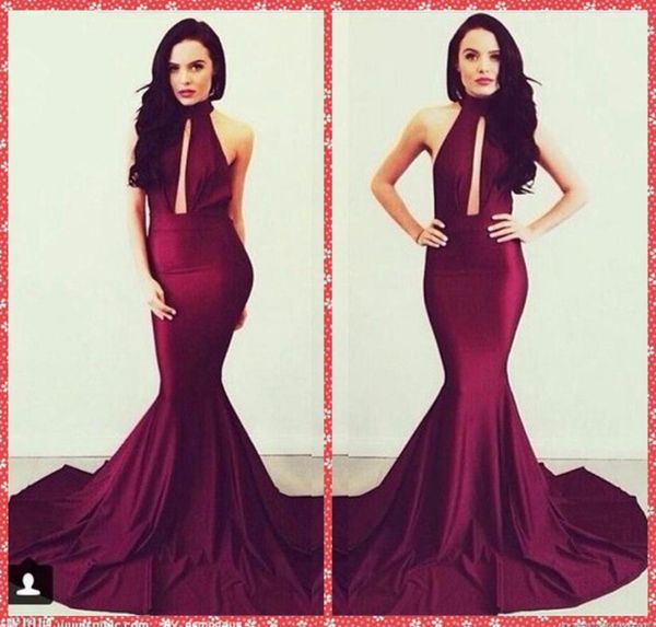 Vestidos de graduación de mujeres de la sirena de cuello alto Vine Red Court Train Long Evening Equipa Spacial Farty Gowns 2015 Natural Slim barato O1845196