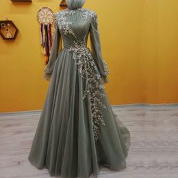 Hoge nek Marokkaanse kaftan avondjurken Ruches Tule Moslim formele jurk Bladapplicaties Arabisch Dubai Vrouwtjes Speciale Ocn-jurk 326 326