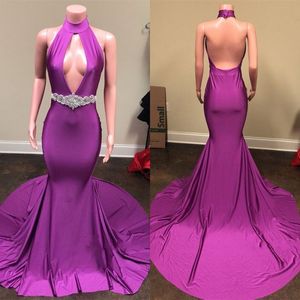 Col haut violet robes de bal taille perles dos nu satin col en V robes de cocktail balayage train sirène robes de soirée sur mesure