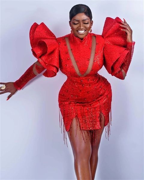 Vestidos de fiesta de sirena cortos con borlas y volantes de cuello alto, vestidos de fiesta africanos brillantes rojos, Mini vestido de fiesta de cóctel por la noche 2022