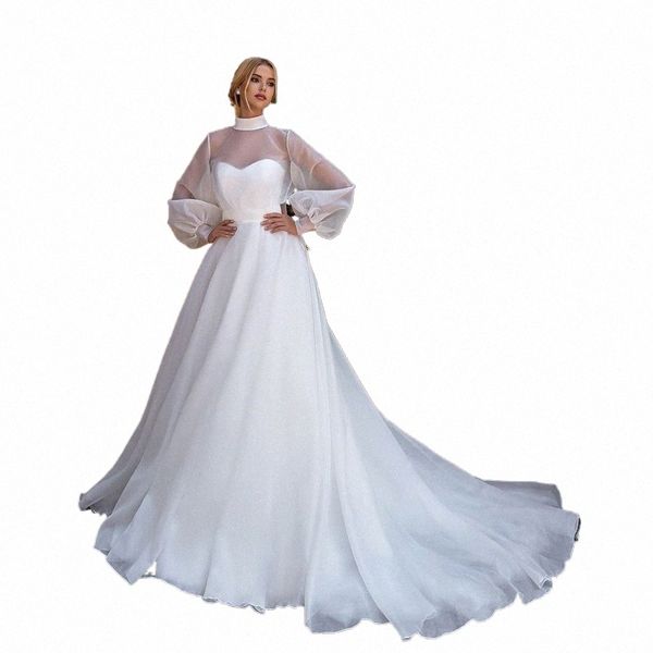 Col haut Voir à travers les manches Lg Organza Vente chaude Dr de mariage avec Bow Dr pour robes de mariée blancos de mujer X4pP #