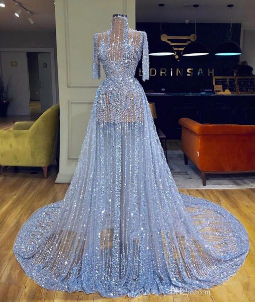 Col haut brillant une ligne robes de bal de luxe demi manches perlée robe de soirée grande taille paillettes formelle fête robe de concours