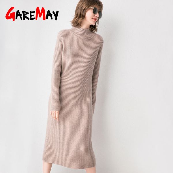 Vestido de suéter de cuello alto Mujer Invierno Cachemira Cuello alto Lana de punto largo Señora Slim Bodycon Grueso Otoño es para mujeres 210428