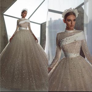 Robe de mari￩e ￠ cou haut blanc ivoire sexy ￠ manches longues perles paillettes de bal robes de bal robes nuptiales vestido de noiva