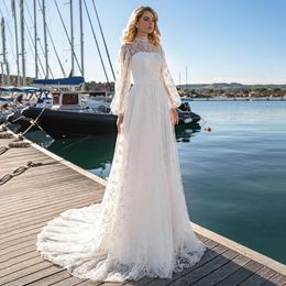 Vestidos De Novia De cuello alto, mangas largas, apliques De encaje, vestidos De Novia acampanados para playa, Vestido De Novia con botones, Vestido De Novia 328 328