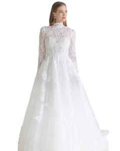 Col haut robe de mariée 2023 manches longues tonnelle dentelle robe de mariée A-ligne col montant chapelle train jardin château vraies mariées Vintage Royal Inspiration Vibes dos ouvert