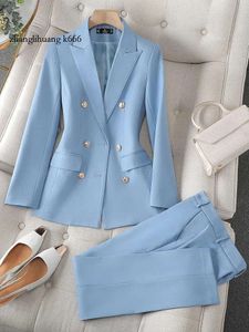 High Office 2024 Kwaliteit dames broekpak Solid Color Women Business Work Wear Blazer Jacket en Trouser Female Formele 2 -delige sets 240127 4017