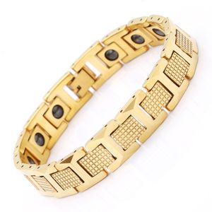 Pulseras de motorista de hombre de acero inoxidable 316L de oro pulido alto con imán de piedra de germanio negro Salud Hombres Mujeres Pulsera Brazalete Joyería 12 mm