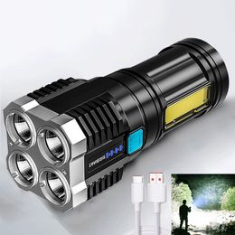 Linterna LED de 4 LED de alta potencia, recargable por USB, para exteriores, Mini linternas portátiles, resalta la iluminación táctica, linterna LED COB