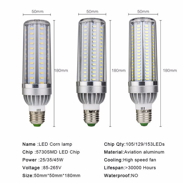 Luz de maíz de alta potencia E27 lámpara 25W 35W 50W bombillas de vela 110V E26 bombilla LED ventilador de aluminio refrigeración sin luces parpadeantes 2835