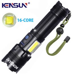 Torche haute puissance 16 cœurs lampe de poche LED rechargeable COB lumière XHP 160 torche Zoom 7 modes lanterne USB pour camping travail d'urgence