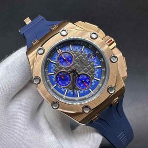 Herenhorloge van hoge kwaliteit Limited Edition VK quartz uurwerk Roségouden kast 45 mm Blauwe wijzerplaat Blauwe rubberen herenstopwatch.