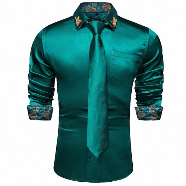 Haute qualité fête de mariage chemises vertes pour hommes Hanky cravate costume ensemble printemps automne hommes chemise Lg manches classique formel mâle porte U8eX #