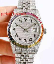 Haute qualité 41MM brillant baguette diamants montres boîtier en argent couleur chromatique chiffres arabes automatique hommes mains lisses en acier inoxydable montre entièrement glacée