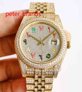 Hoge Quaity 41mm Shiny Diamonds Horloges Gouden Case Chromatische Kleur Arabische Nummers Automatische Mannen Gladde Handen Polshorloge Roestvrij staal Materiaal Bling Stones