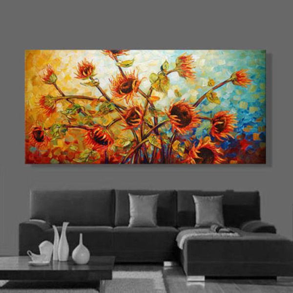 Peinture à l'huile sur toile avec Impression de fleurs peintes à la main, de haute qualité, grande peinture de tournesol, décoration murale pour la maison, Art F981, 100%