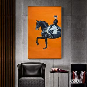 Haute qualité 100% peint à la main moderne peinture à l'huile décorative sur toile peinture animale cheval noir femmes maison décoration murale Art A950