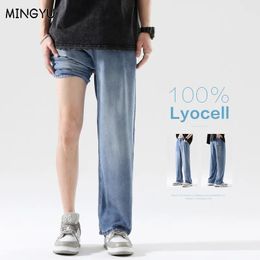 Hoge Kwaliteit 100% Lyocell Jeans Mannen Lente Zomer Casual Elastische Taille Denim Broek Mannelijke Korea Losse Rechte Blauwe Broek S-3XL 240104