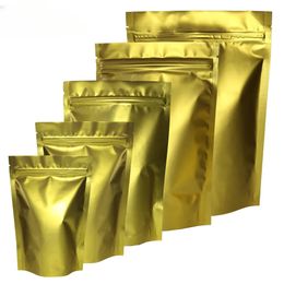 Alta calidad 100 unids/lote oro mate metálico Mylar termosellable Zip Lock Stand Up bolsa para café grano almacenamiento de hierbas bolsas de embalaje