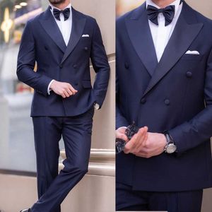 Hoge Kwaliteit 2 Stuks Marine Mannen Pakken Tuxedo Piekte Revers Formeel Pak Custom Size Single Breasted 3 Zakken Blazer + broek