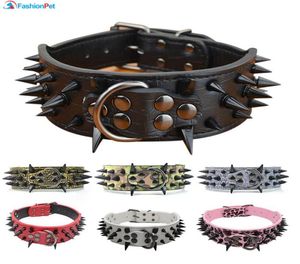 Hoge kwaliteit 2 quotWidth Pu-leer grote halsband met zwarte scherpe spikes bezaaid voor grote hond huisdier Pitbull Mastiff9582548