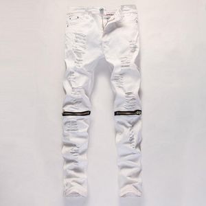 Haute Qualité 2016 En Plein Air Blanc Homme Trou Coupe Pantalon Genou Fermeture Éclair Pied Stretch Pantalon Droit Discothèque Déchiré Jeans Pantalon Blanc