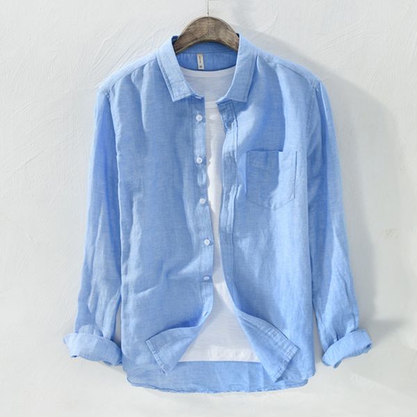 Camisas informales para hombre, estilo de alta calidad, manga larga, lino, Color sólido, solapa, algodón, moda, Tops ajustados